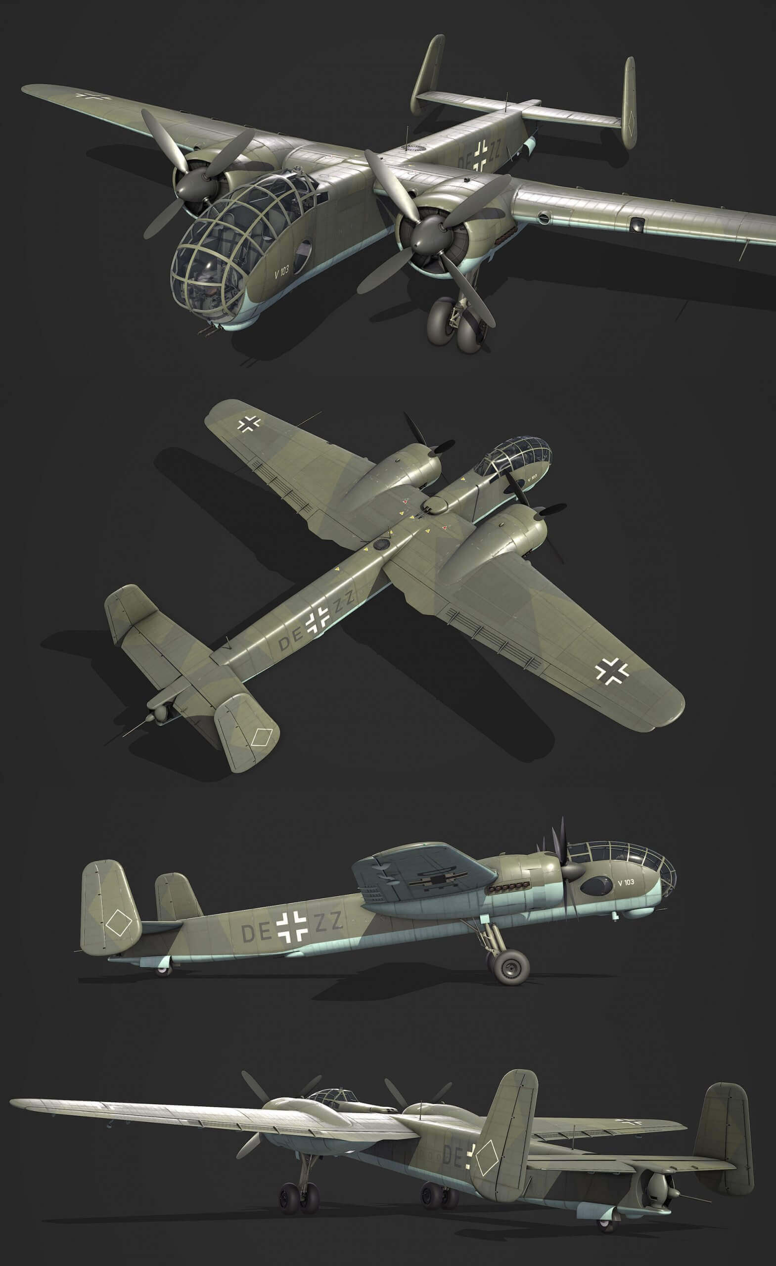 二战德国飞机JU288 V103轰炸机3D模型（OBJ,FBX,MAX）插图