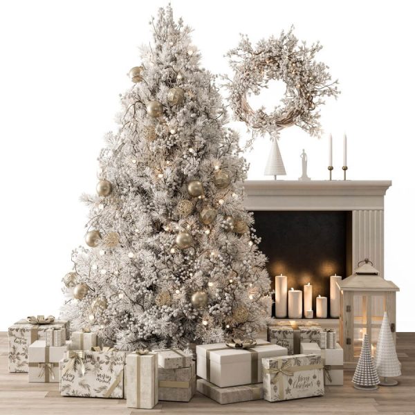 挂金色圆球的白色圣诞树和礼品盒 烛台 花环等圣诞装饰组合3D模型（OBJ,MAX）