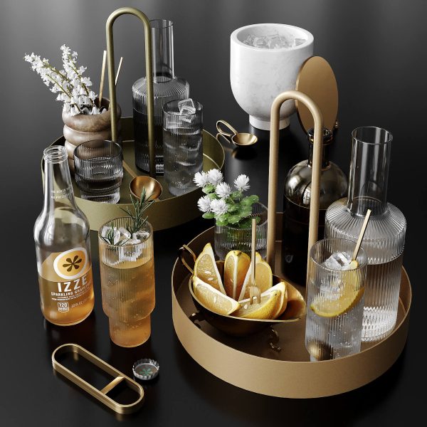包含玻璃杯 冰块 柠檬和饮料的厨房装饰组合3D模型（MAX）
