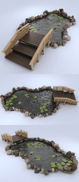 带鹅卵石和荷花的花园池塘景观3D模型（FBX,MAX）