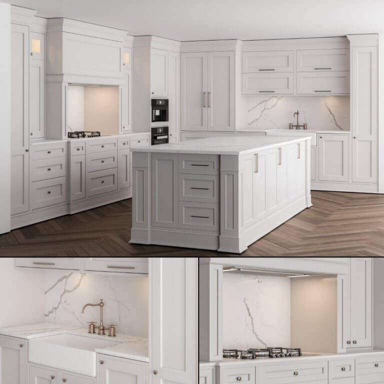 NeoClassic经典白色橱柜 厨房设计3D模型（OBJ,MAX）插图