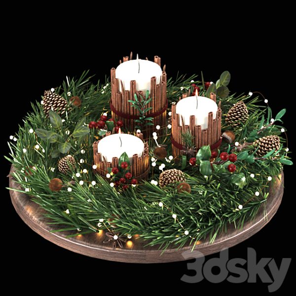 托盘中的圣诞花环和烛台 圣诞装饰组合3D模型（OBJ,FBX,MAX）