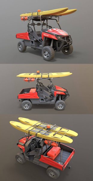 带浮标和救生板的救生车low poly 3D模型（OBJ,FBX）