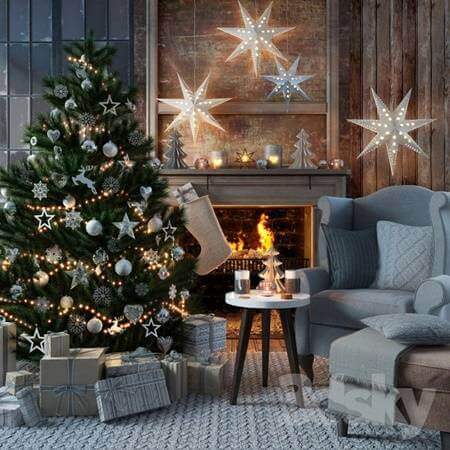 壁炉旁的圣诞树和其它圣诞装饰3D模型（MAX）