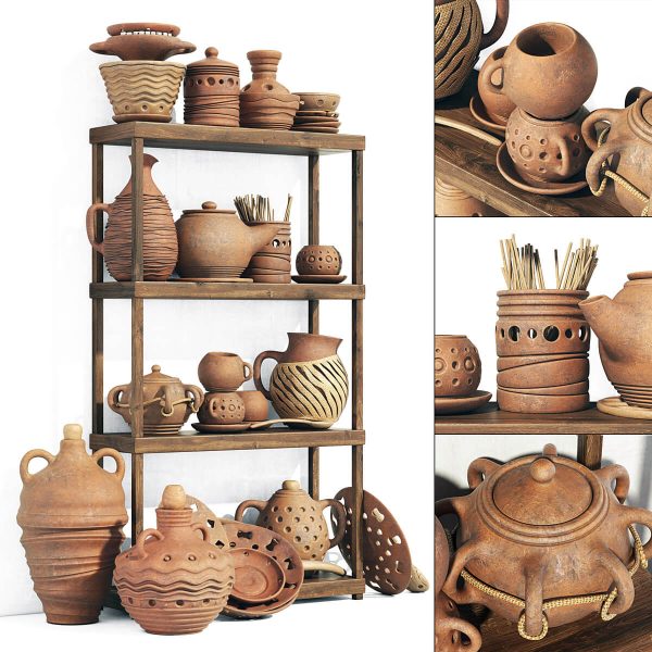 木架上的盘罐花瓶等陶制器皿组合3D模型（OBJ,FBX,MAX）