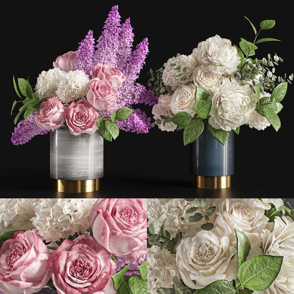 装饰花瓶中的玫瑰和绣球花束3D模型（FBX,MAX）
