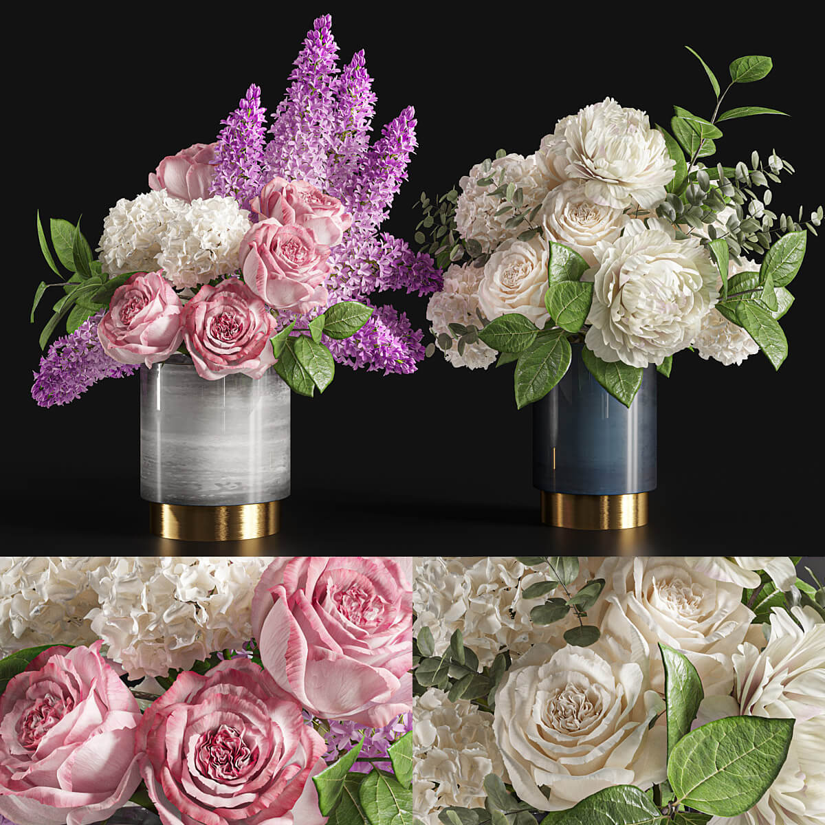 装饰花瓶中的玫瑰和绣球花束3D模型（FBX,MAX）插图