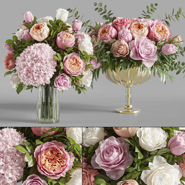装饰玻璃花瓶中的玫瑰和绣球花束3D模型（OBJ,MAX）