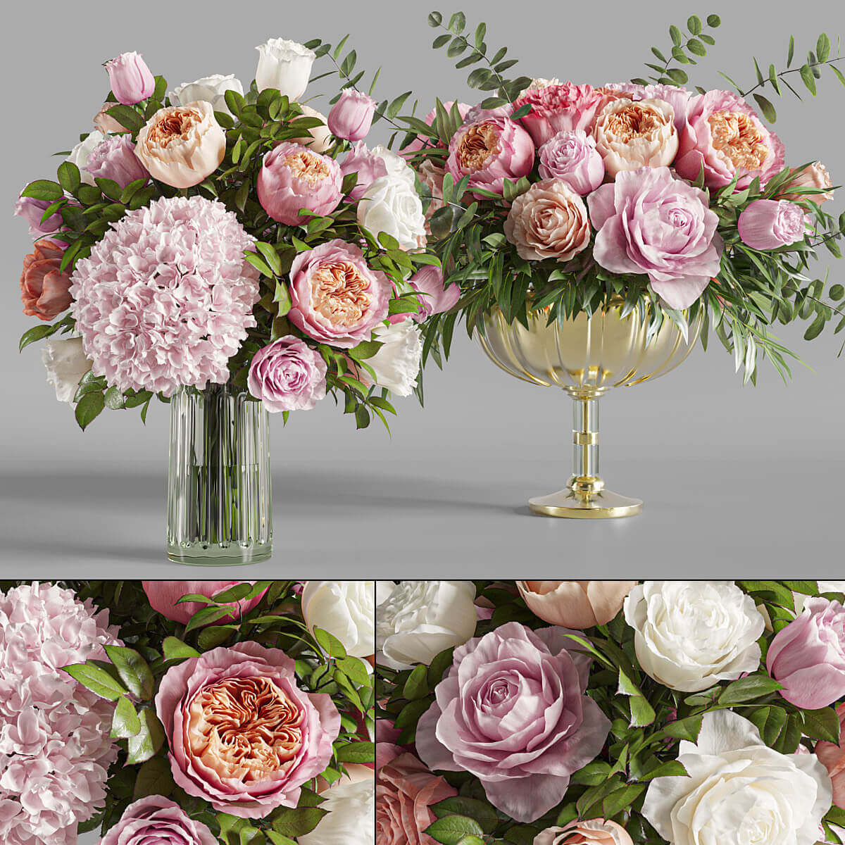装饰玻璃花瓶中的玫瑰和绣球花束3D模型（OBJ,MAX）插图