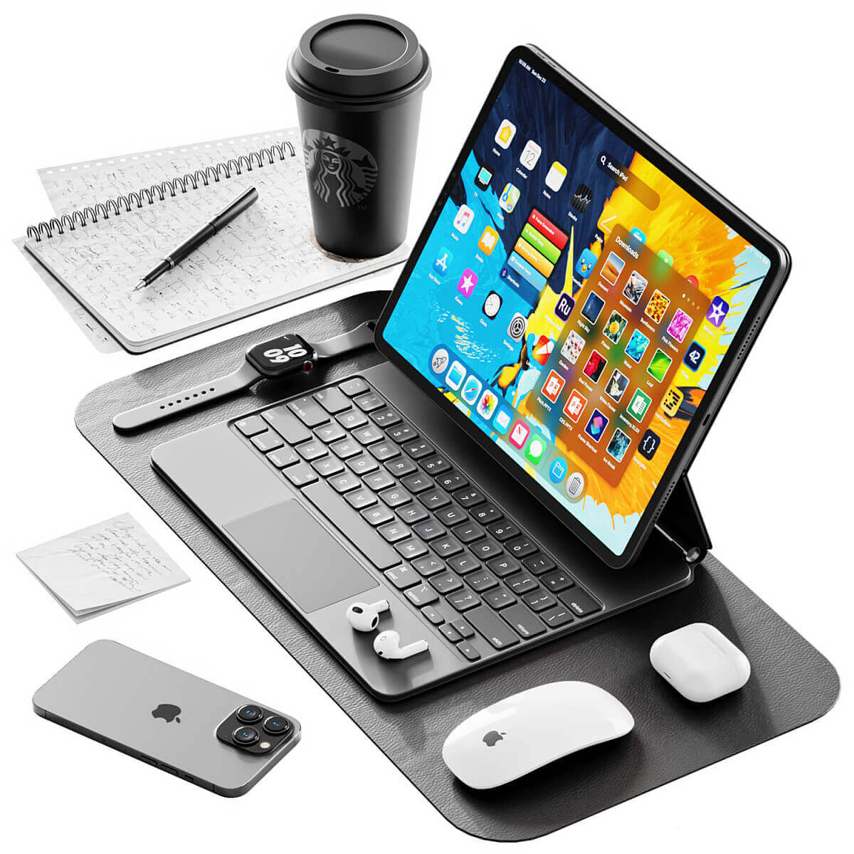 包含苹果平板电脑 手机 运动手表 咖啡和文具的工作桌面 工作场景3D模型（FBX,MAX）插图