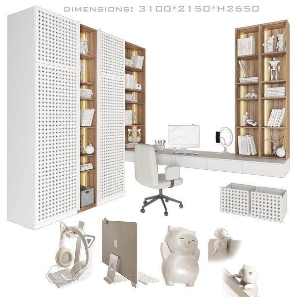 包含书柜 书桌椅 电脑 文件等的书房设计3D模型（FBX,MAX）