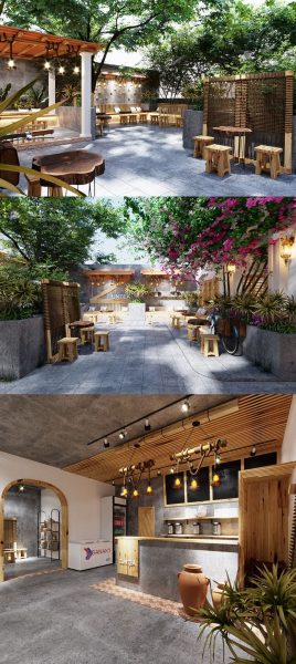 带大庭院的咖啡馆室内和外部场景3D模型（MAX）