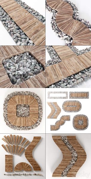 鹅卵石和木地板铺路景观组合3D模型（OBJ,FBX,MAX）