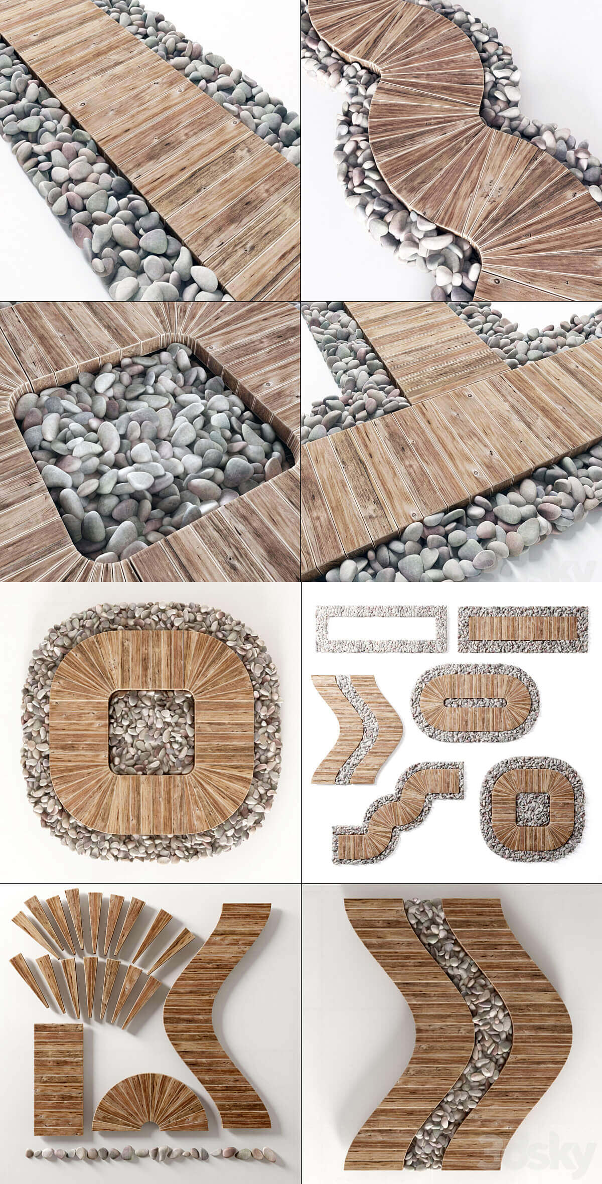 鹅卵石和木地板铺路景观组合3D模型（OBJ,FBX,MAX）插图