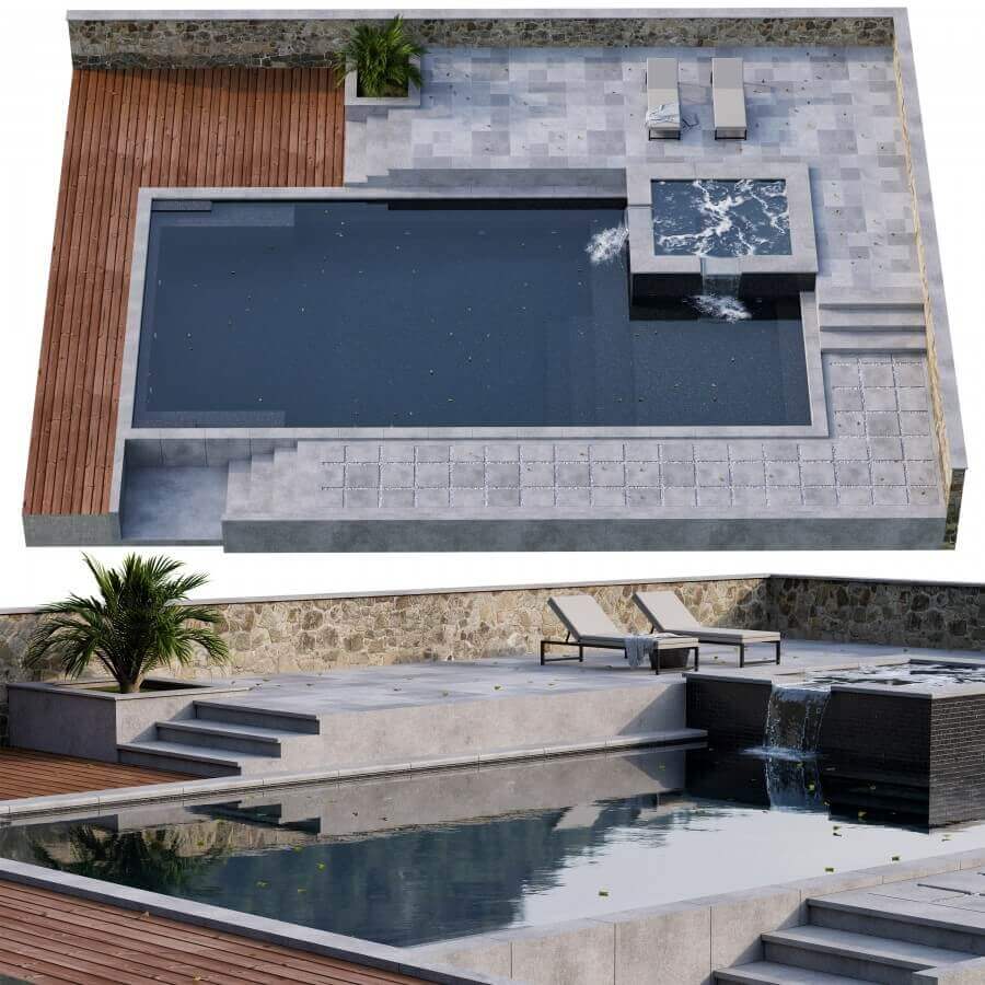 带绿植和躺椅的室外游泳池3D模型（OBJ,MAX）插图