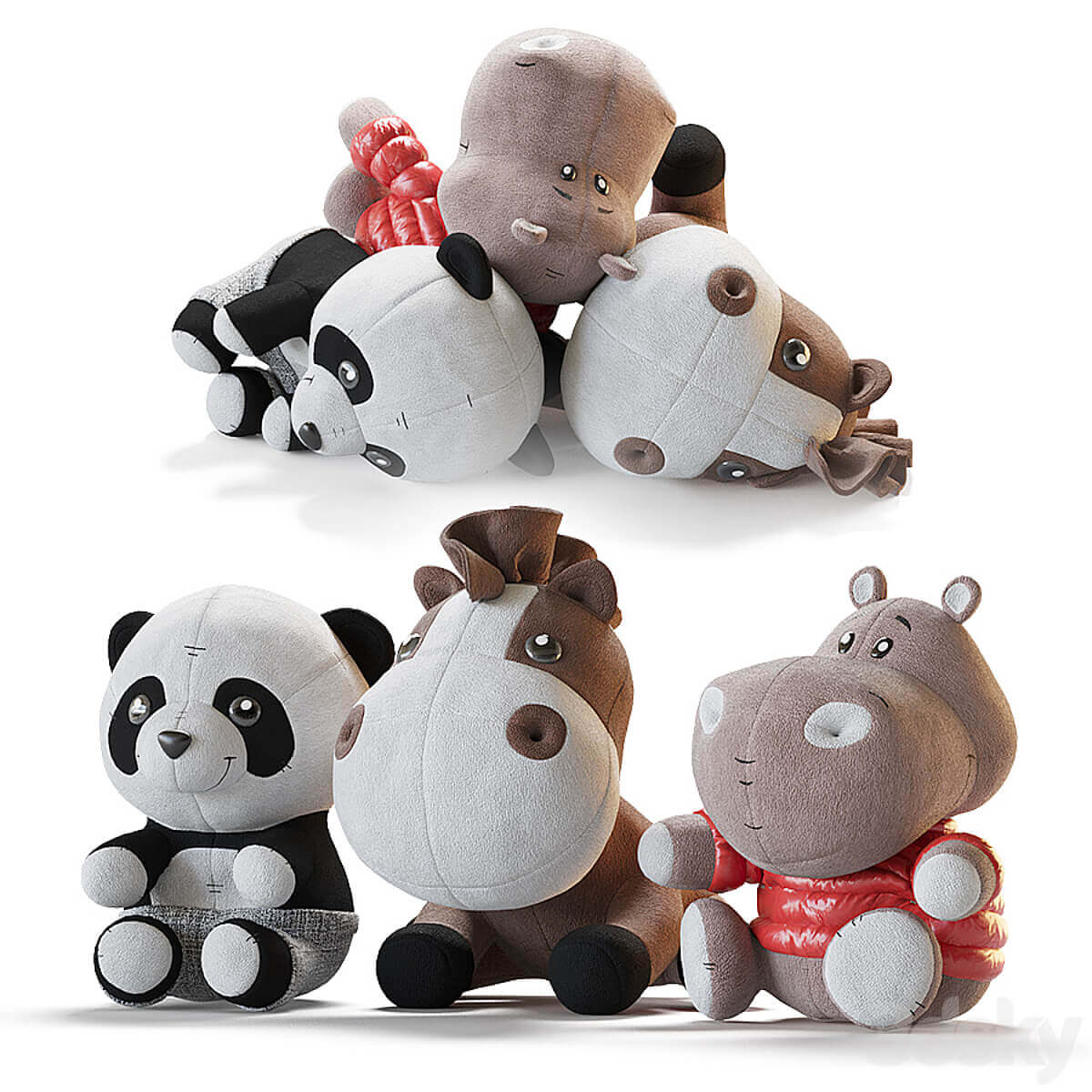 熊猫河马和马动物玩偶毛绒玩具3D模型（OBJ,MAX）插图