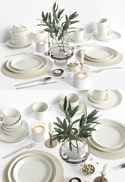 餐桌上的餐具组合和烛台 树枝等装饰3D模型（OBJ,MAX）