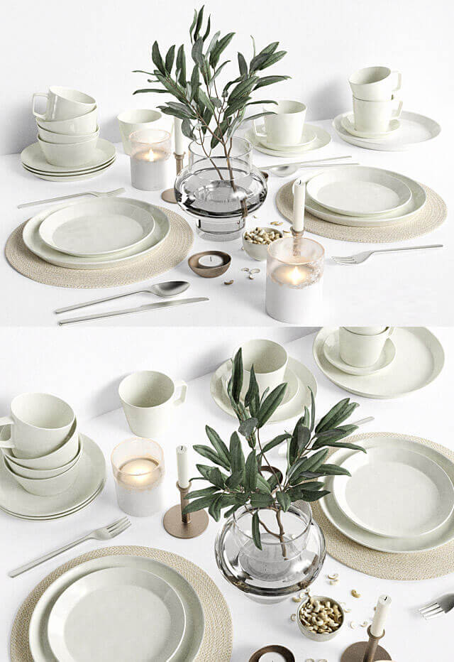 餐桌上的餐具组合和烛台 树枝等装饰3D模型（OBJ,MAX）插图