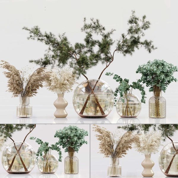 装饰花瓶中的绿叶树枝和干花束3D模型（OBJ,MAX）