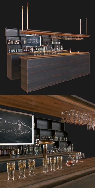 摆满酒和酒杯的酒吧吧台3D模型（FBX,MAX）