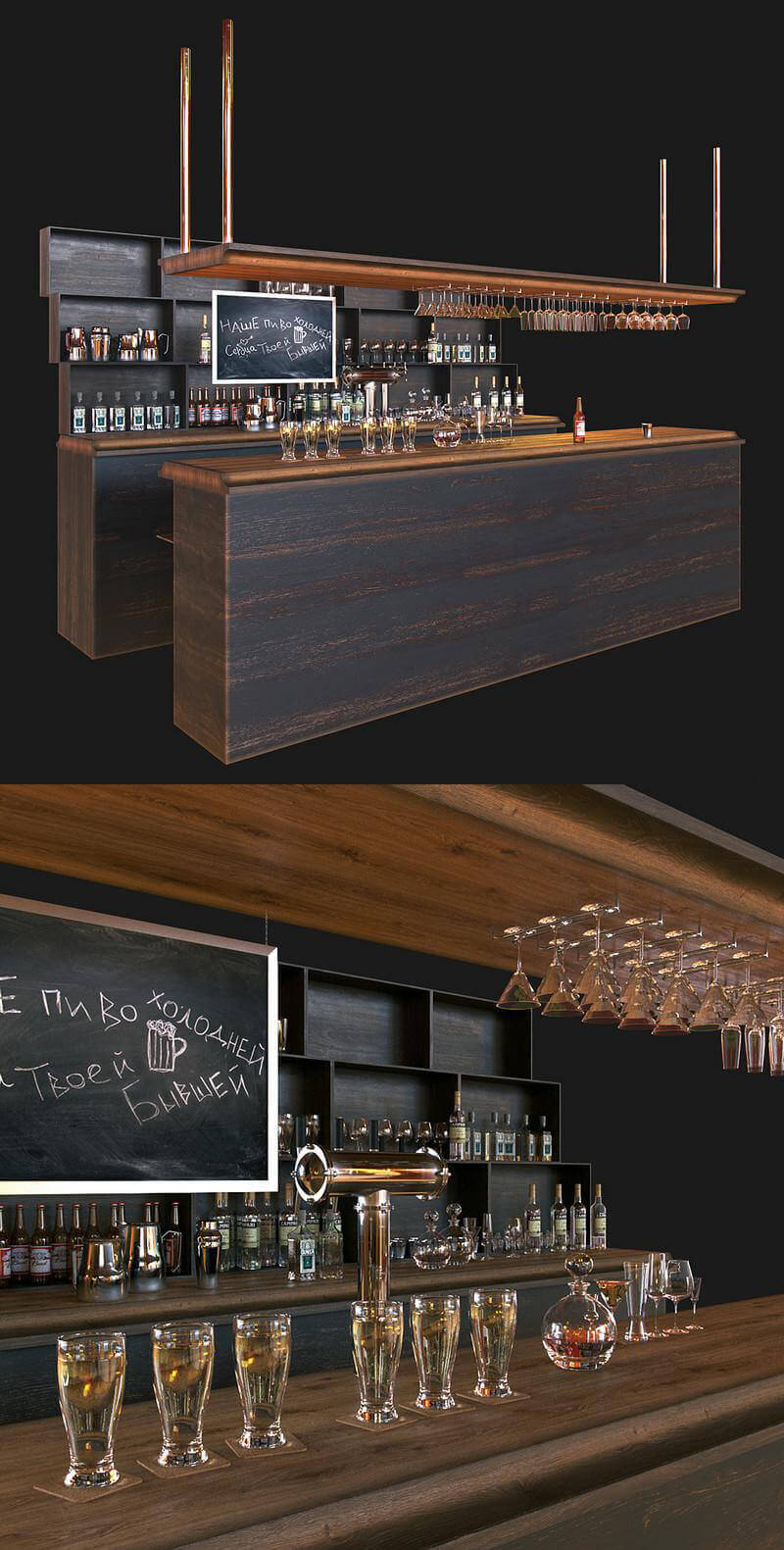 摆满酒和酒杯的酒吧吧台3D模型（FBX,MAX）插图