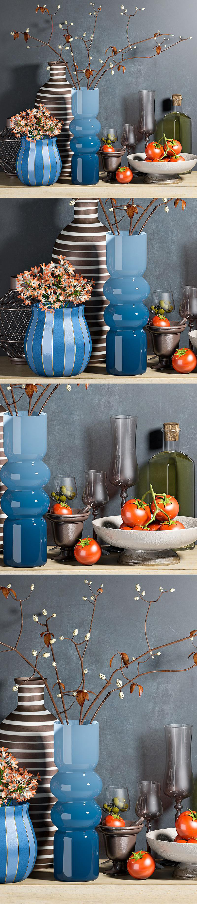 包含番茄花束橄榄油等在内的厨房用品食品和装饰组合3D模型（OBJ,MAX）插图