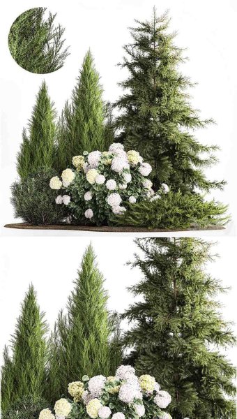 云杉松树修剪白绣球灌木鲜花杜松高山小山的花园植物套装3D模型大集合-MAX | FBX | OBJ