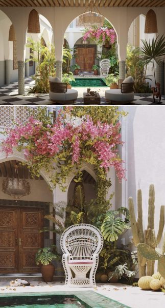 包含户外泳池和绿植花丛的住宅花园场景3D模型（MAX）
