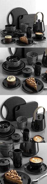包含咖啡蛋糕的黑色盘碗茶杯水壶砧板等餐具厨房用品及装饰组合3D模型（OBJ,FBX,MAX）