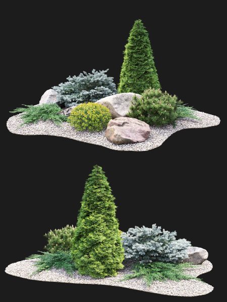 包含崖柏等5种植物和石头鹅卵石的绿植组合景观3D模型（MAX）