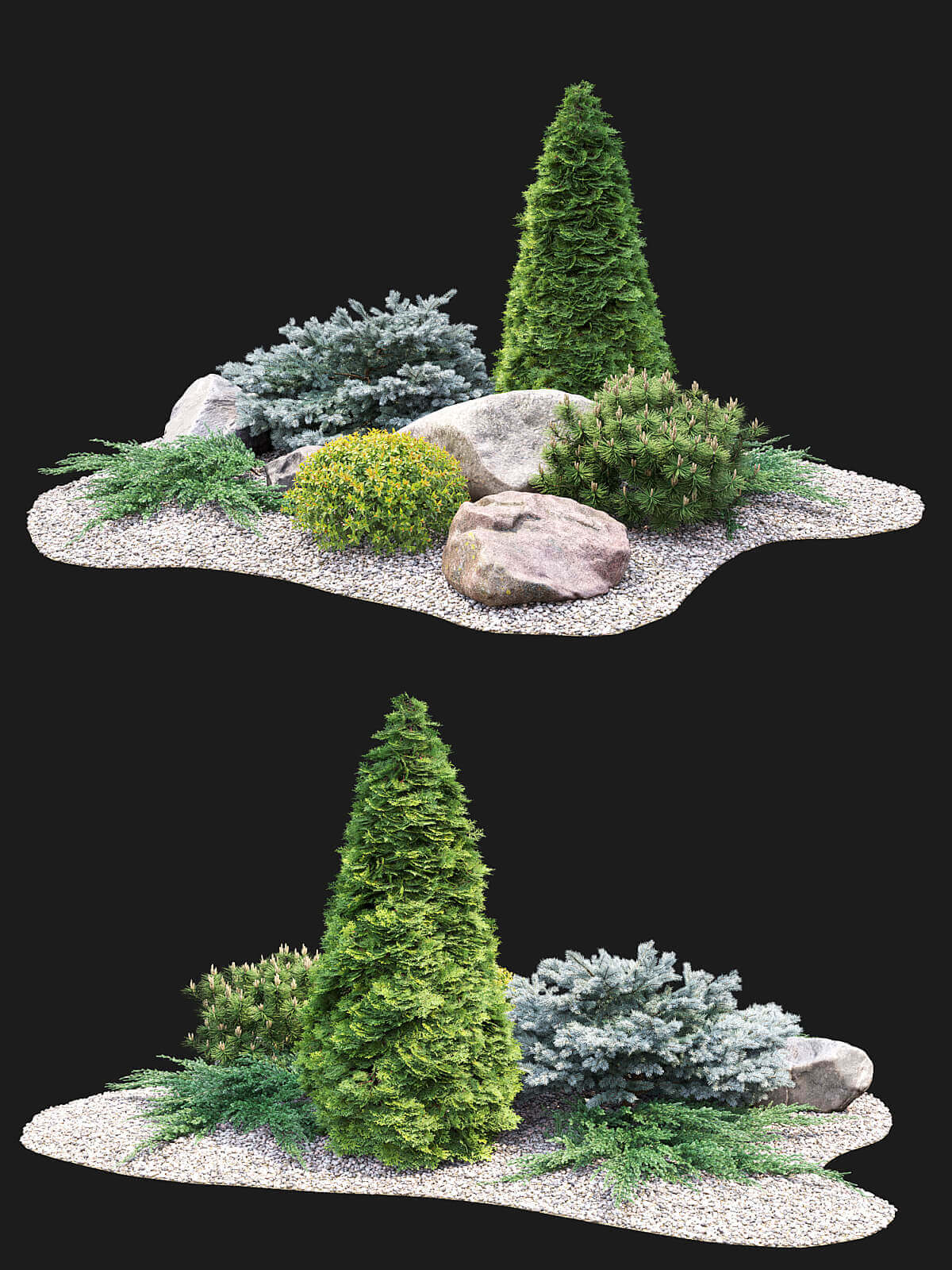 包含崖柏等5种植物和石头鹅卵石的绿植组合景观3D模型（MAX）插图