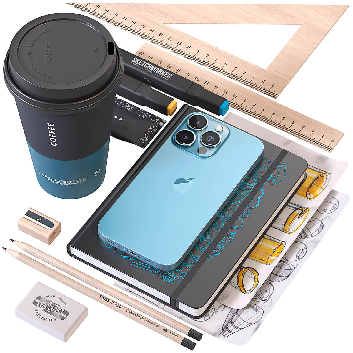 包含iphone 咖啡 尺子铅笔等文具的组合3D模型（OBJ,FBX,MAX）插图