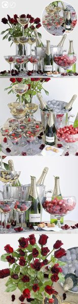 时尚高端逼真质感的香槟高脚杯玫瑰花3D模型（MAX | FBX | OBJ）