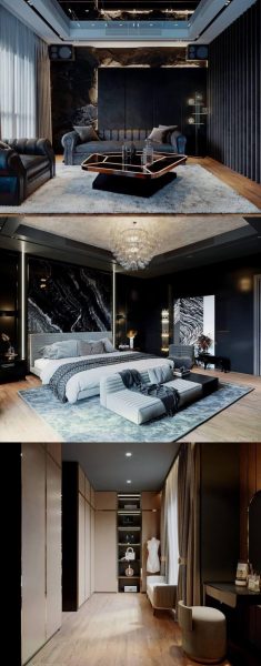 暗色系客厅和卧室设计客厅卧室场景3D模型（MAX）