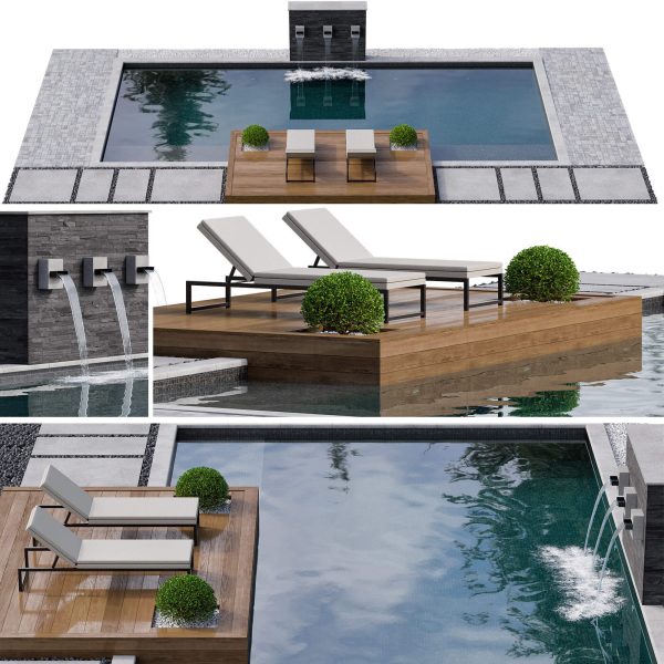包含喷泉绿植和躺椅的室外游泳池3D模型（MAX）
