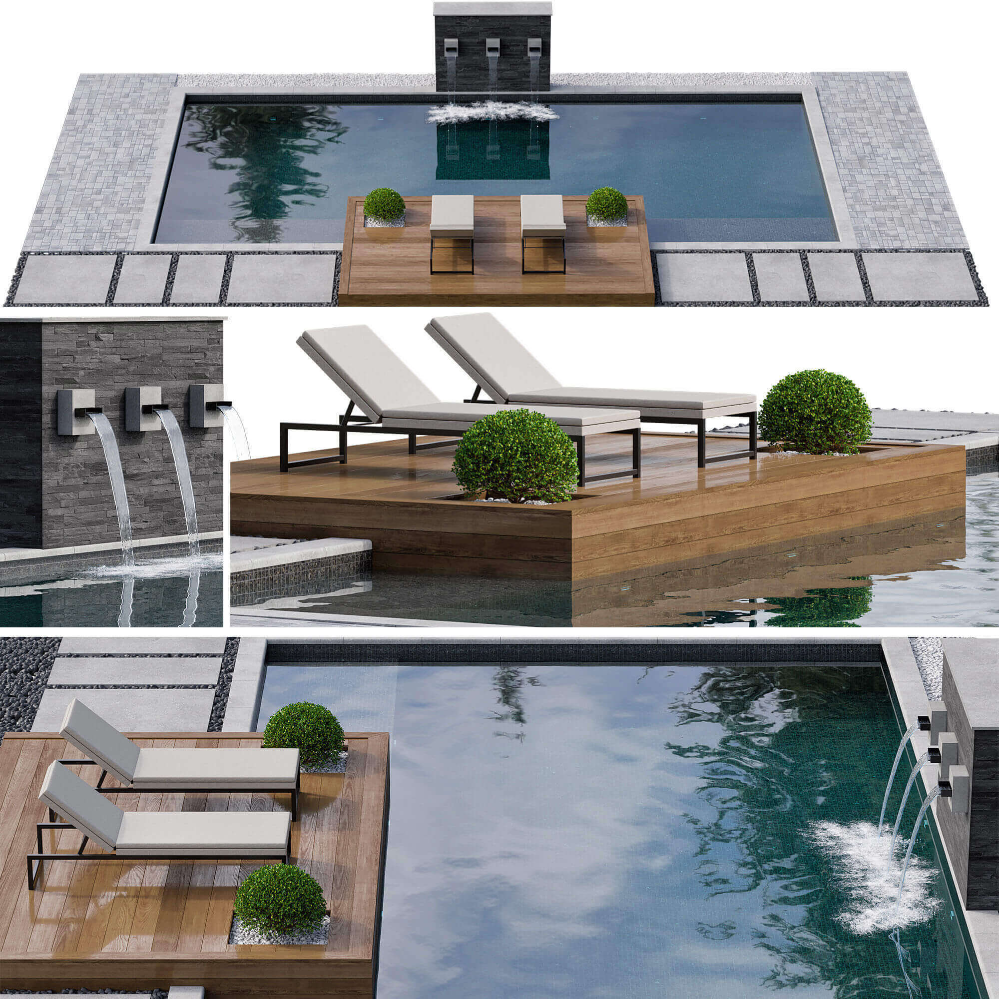 包含喷泉绿植和躺椅的室外游泳池3D模型（MAX）插图