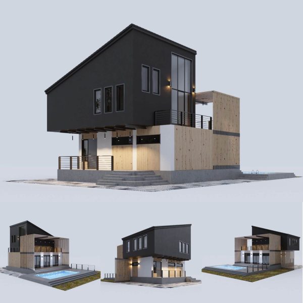 高端时尚带室外游泳池的现代住宅别墅3D模型（OBJ,MAX）