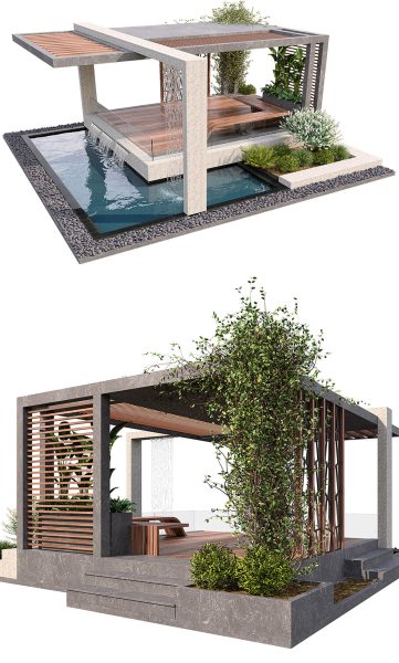 高品质的带水池和绿植的凉亭景观3D模型（OBJ,MAX）