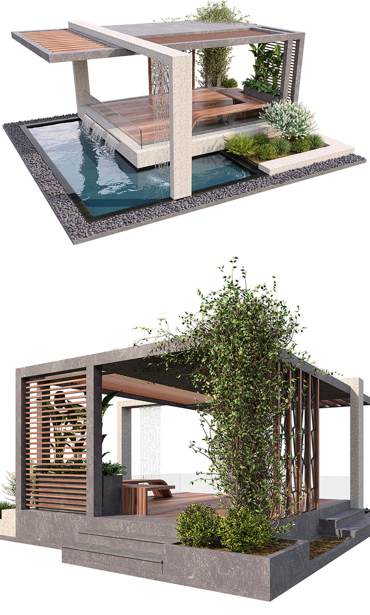 高品质的带水池和绿植的凉亭景观3D模型（OBJ,MAX）插图