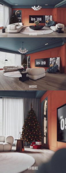 时尚高端优雅复古风格的客厅室内装修3D模型SketchUp-SKP
