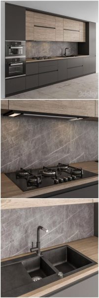 黑色和木质 时尚高端优雅现代厨房3D模型-MAX | FBX | OBJ