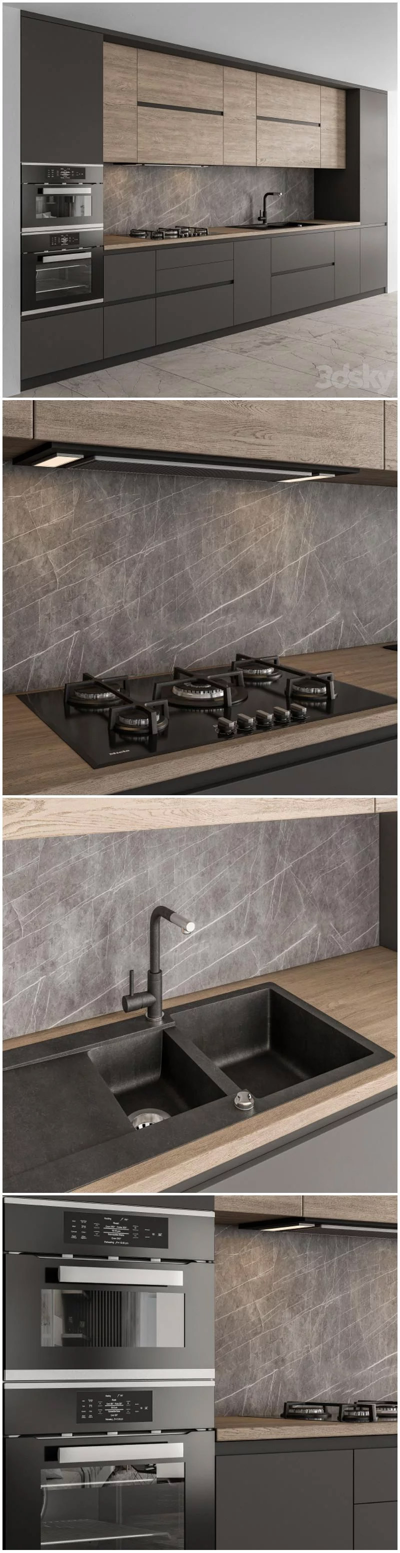 黑色和木质 时尚高端优雅现代厨房3D模型-MAX | FBX | OBJ插图