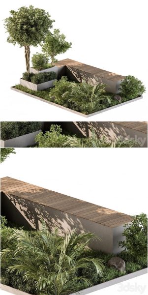 带植物的城市家具长凳套装3D模型-MAX | FBX | OBJ