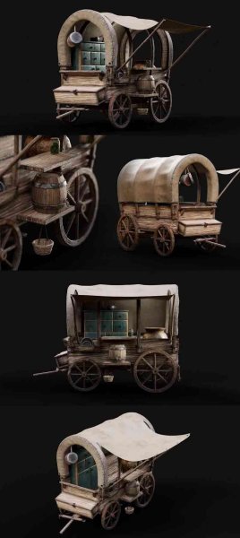 木质旧马车低多边形3D模型-MAX | FBX | OBJ