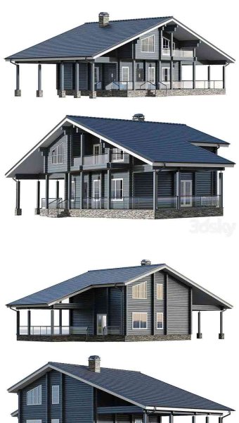 带车库和大露台的胶合层压木房屋别墅3D模型-MAX | FBX | OBJ