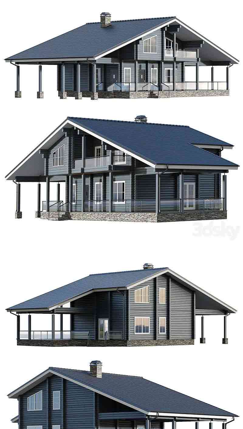 带车库和大露台的胶合层压木房屋别墅3D模型-MAX | FBX | OBJ插图