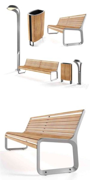 简约时尚的公园椅子垃圾桶路灯3D模型-MAX | FBX | OBJ