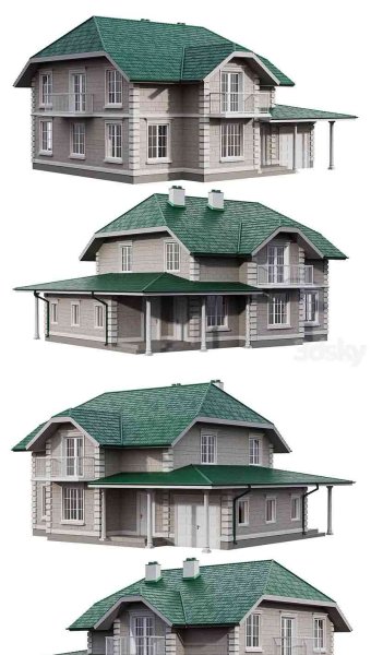 经典风格的两层房屋外墙灰泥和柱子别墅3D模型-MAX | FBX | OBJ