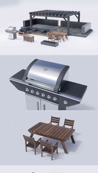 户外露台洋房花园烧烤BBQ低多边形3D模型—MAX | FBX | OBJ