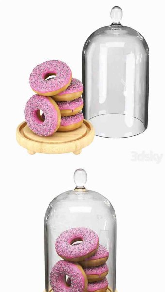 带玻璃盖和甜甜圈的盘子3D模型—MAX | FBX | OBJ